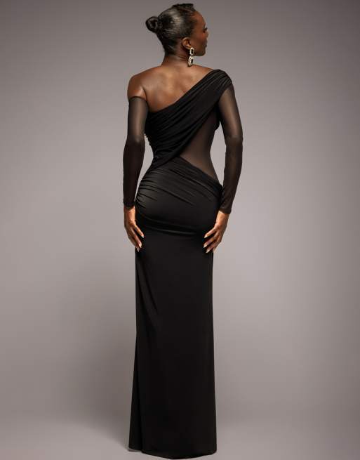 Goddiva Gathered cowl asymmetric mesh and soft touch maxi dress in black, 2 of 4