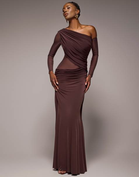Goddiva Gathered cowl asymmetric mesh and soft touch maxi dress in brown - view 1