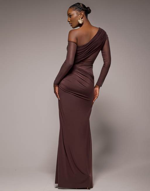 Goddiva Gathered cowl asymmetric mesh and soft touch maxi dress in brown, 2 of 4