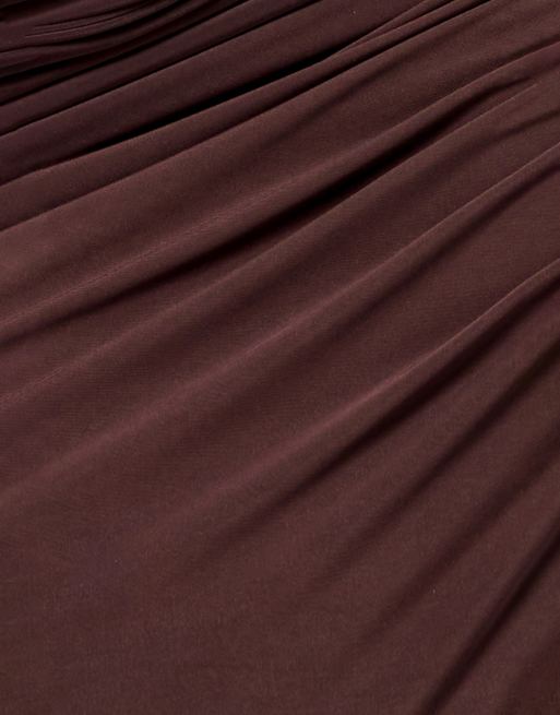 Goddiva Gathered cowl asymmetric mesh and soft touch maxi dress in brown, 3 of 4