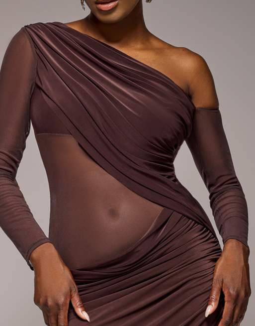 Goddiva Gathered cowl asymmetric mesh and soft touch maxi dress in brown, 4 of 4
