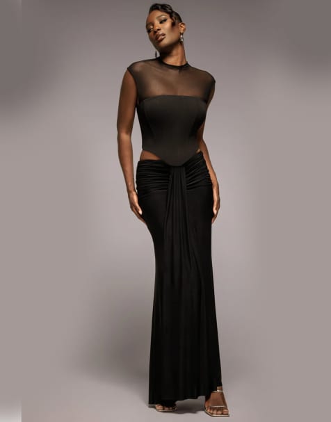 Goddiva Gathered front dipped waist maxi skirt in black