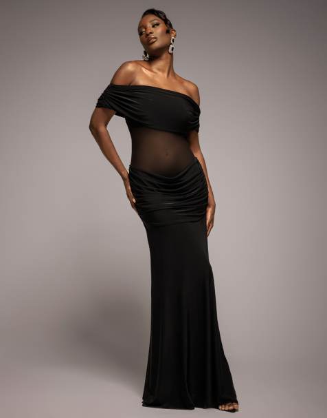 Goddiva Gathered off the shoulder mesh waist panel maxi dress in black - view 1