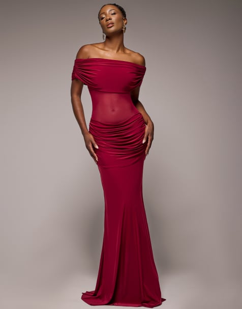 Goddiva Gathered off the shoulder mesh waist panel maxi dress in wine - view 1