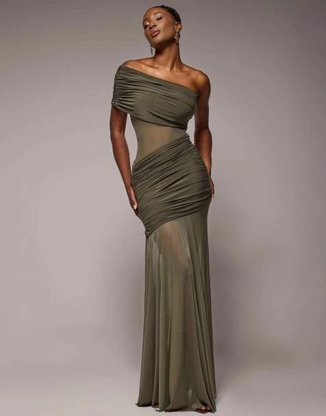 Goddiva Gathered one shoulder sheer panel maxi dress in khaki
