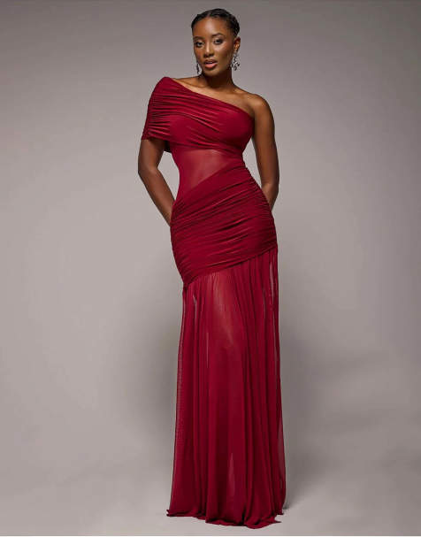 Goddiva Gathered one shoulder sheer panel maxi dress in wine - view 1