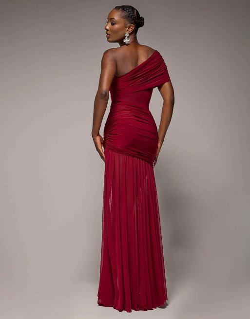 Goddiva Gathered one shoulder sheer panel maxi dress in wine, 2 of 4