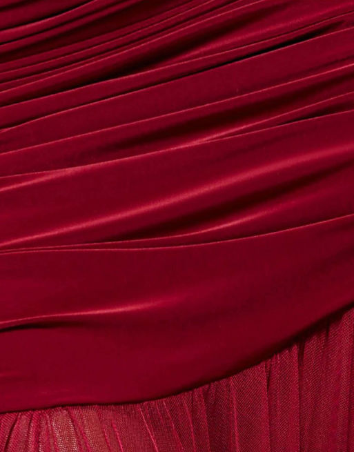 Goddiva Gathered one shoulder sheer panel maxi dress in wine, 4 of 4