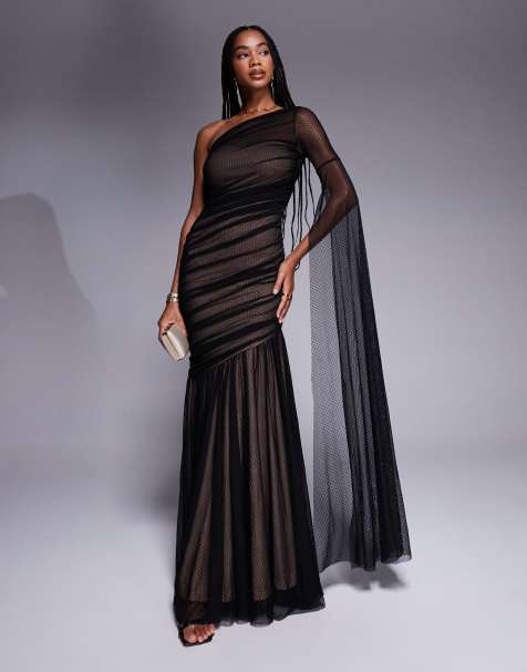 Goddiva Gathered one sleeve angel wing mermaid maxi dress in black