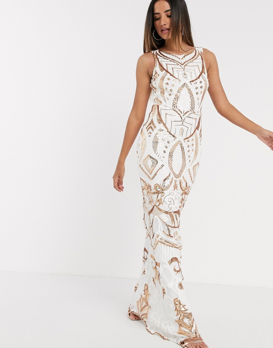 Goddiva - Geborduurde maxi-jurk met lovertjes in wit en goud