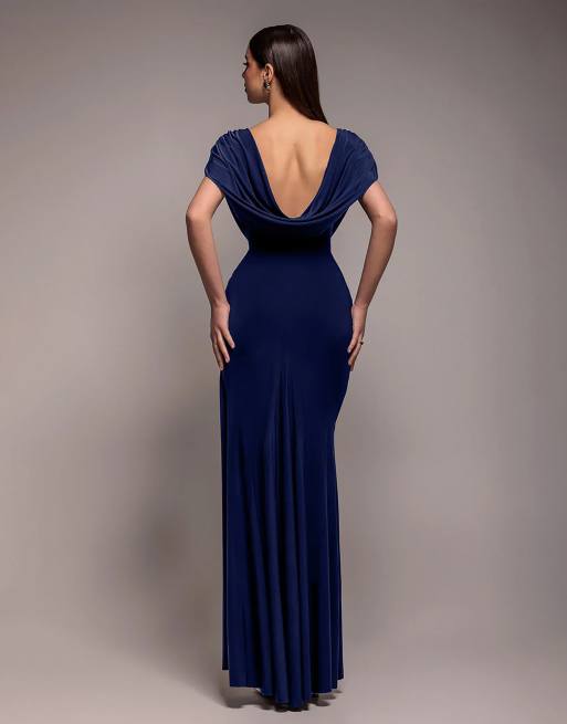 Goddiva - Gedrapeerde maxi-jurk met diep decolleté in marineblauw, 2 van 4