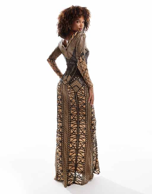 Goddiva Geometric sequin plunge maxi in black, 3 of 4