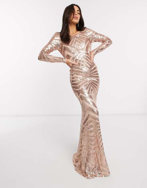 Rose gold sequin long sleeve best sale maxi dress