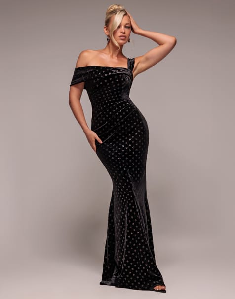 Goddiva Glitter polka dot velvet one shoulder maxi dress in black