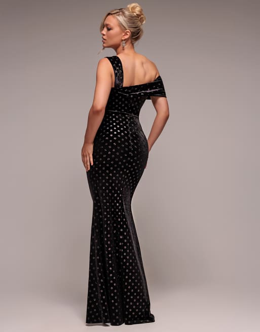 Goddiva Glitter polka dot velvet one shoulder maxi dress in black, 2 of 4