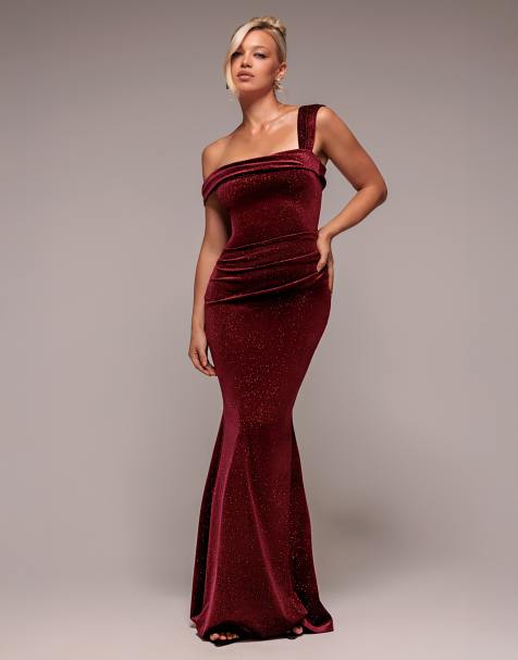 Goddiva Glitter polka dot velvet one shoulder maxi dress in wine - view 1