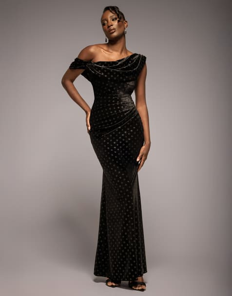 Goddiva Glitter velvet cowl neck off the shoulder maxi dress in black