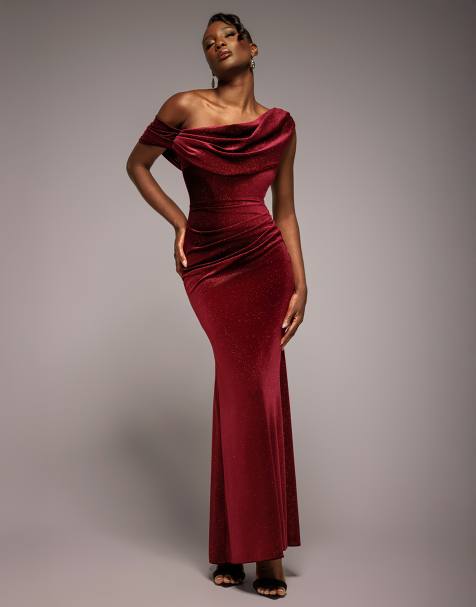 Goddiva Glitter velvet cowl neck off the shoulder maxi dress in wine - view 1