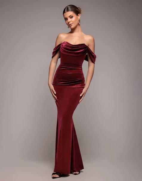 Goddiva Glitter velvet cowl neck pleated waist maxi dress in wine - view 1