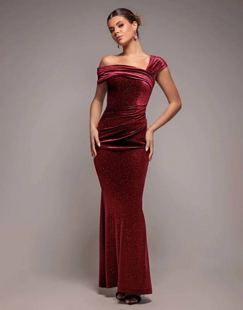 Goddiva Glitter velvet one shoulder maxi dress in wine - view 1