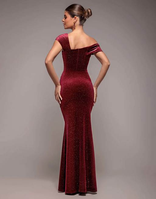 Goddiva Glitter velvet one shoulder maxi dress in wine, 3 of 4