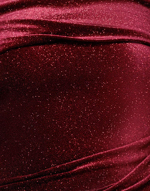 Goddiva Glitter velvet one shoulder maxi dress in wine, 4 of 4
