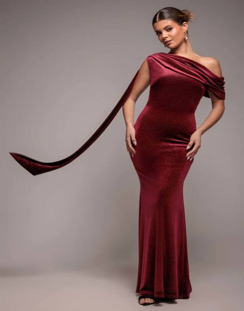 Goddiva Glitter velvet sash one shoulder bardot maxi dress in wine - view 1