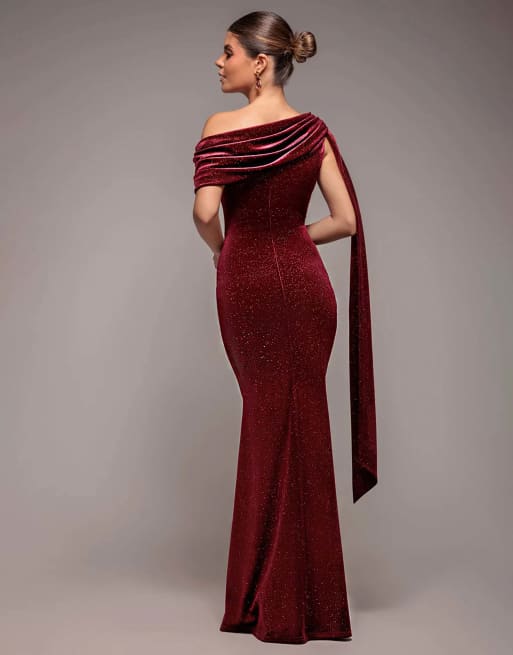 Goddiva Glitter velvet sash one shoulder bardot maxi dress in wine, 2 of 4
