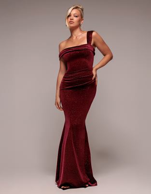 Goddiva - Glitzerndes, gepunktetes One-Shoulder-Maxikleid aus Samt in Weinrot