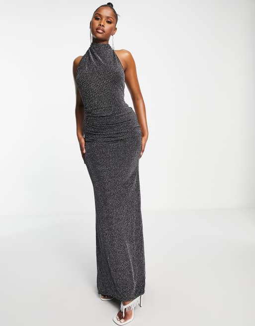 Goddiva halter fishtail maxi prom dress in silver