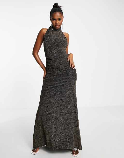 Goddiva halter fishtail prom maxi dress in gold