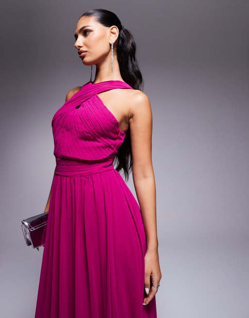 Goddiva Halter neck chiffon maxi dress in magenta | ASOS