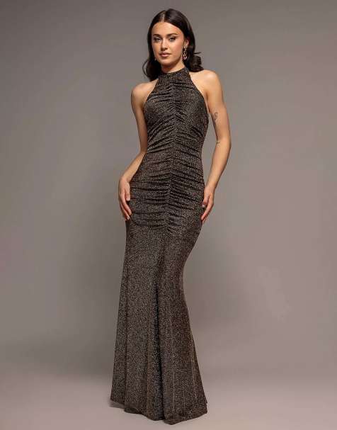 Goddiva Halter neck front gathered backless glitter maxi dress in gold - view 1