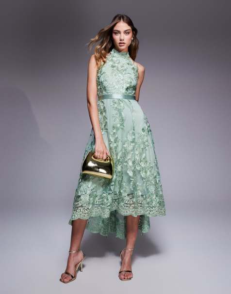 Goddiva Halter neck lace high and low dress in sagegreen - view 1