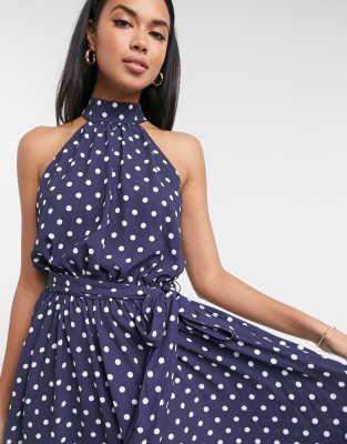 navy polka dot halter dress