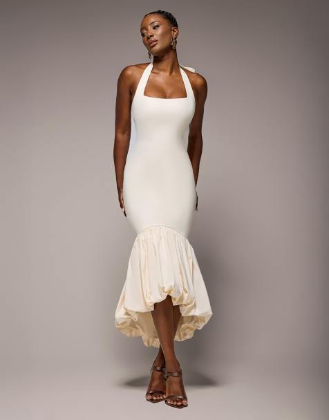 Goddiva Halter neck puff hem mermaid midaxi dress in cream