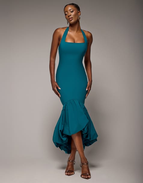 Goddiva Halter neck puff hem mermaid midaxi dress in emeraldgreen