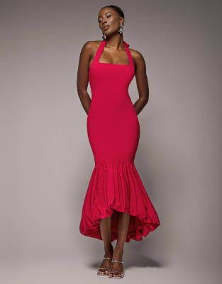 Goddiva Halter Neck Puff Hem Mermaid Midaxi Dress In Red