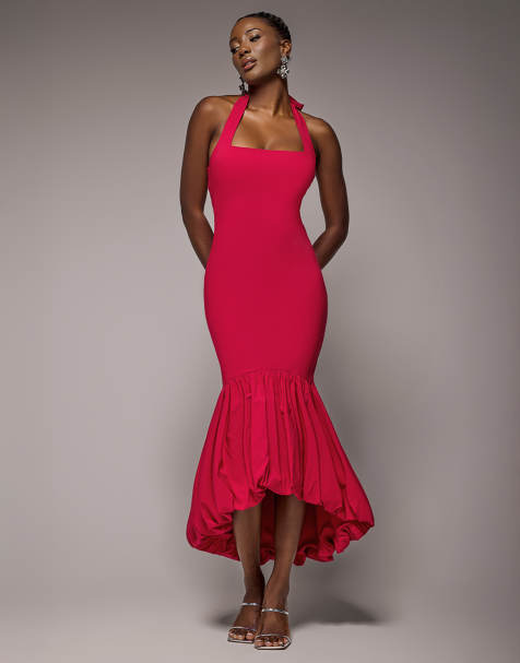 Goddiva Halter neck puff hem mermaid midaxi dress in red - view 1