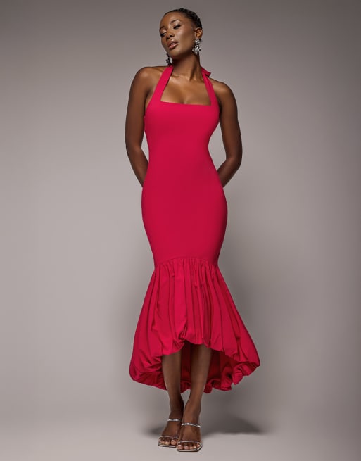 Goddiva Halter neck puff hem mermaid midaxi dress in red