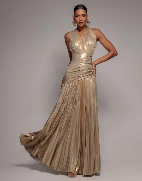 Goddiva Halterneck empire waist gathered sunrise foil  maxi dress in gold - view 1