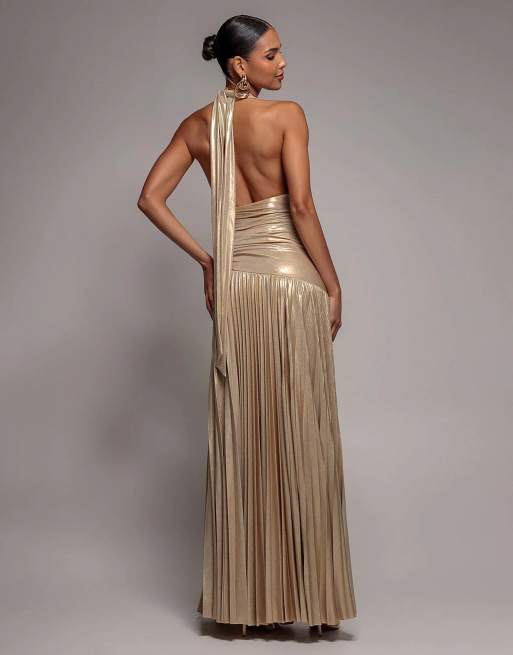 Goddiva Halterneck empire waist gathered sunrise foil maxi dress in gold |  ASOS