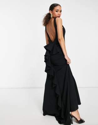 Goddiva halterneck fishtail maxi dress in black