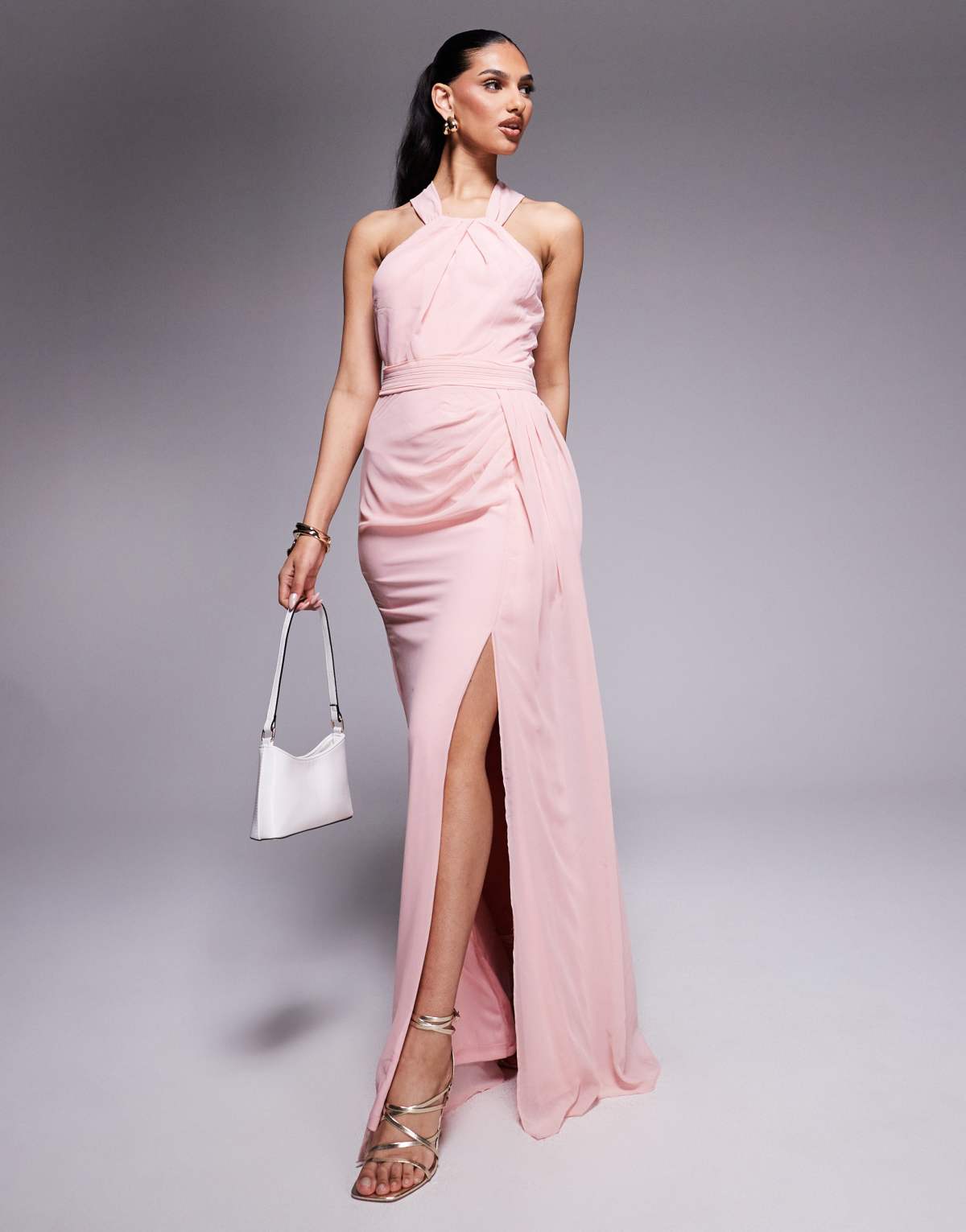 Goddiva Halterneck thigh split chiffon maxi dress in blushpink