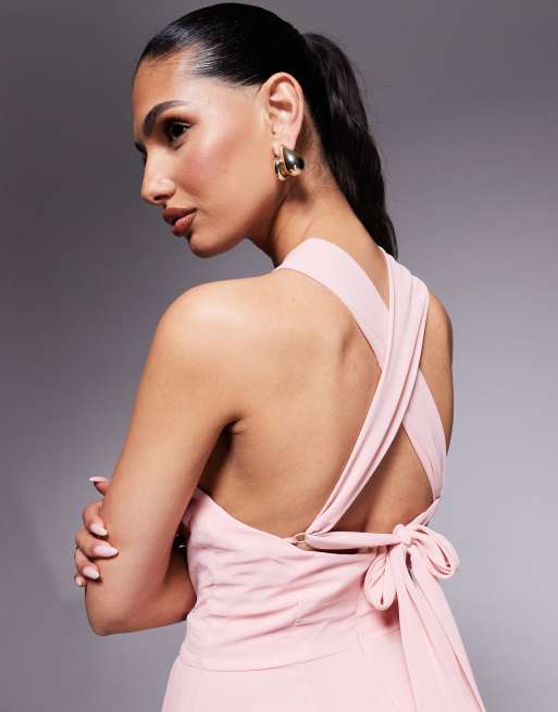 Goddiva Halterneck thigh split chiffon maxi dress in blushpink, 2 of 4