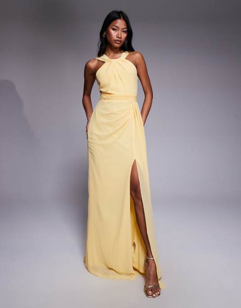 Goddiva Halterneck thigh split chiffon maxi dress in lemon