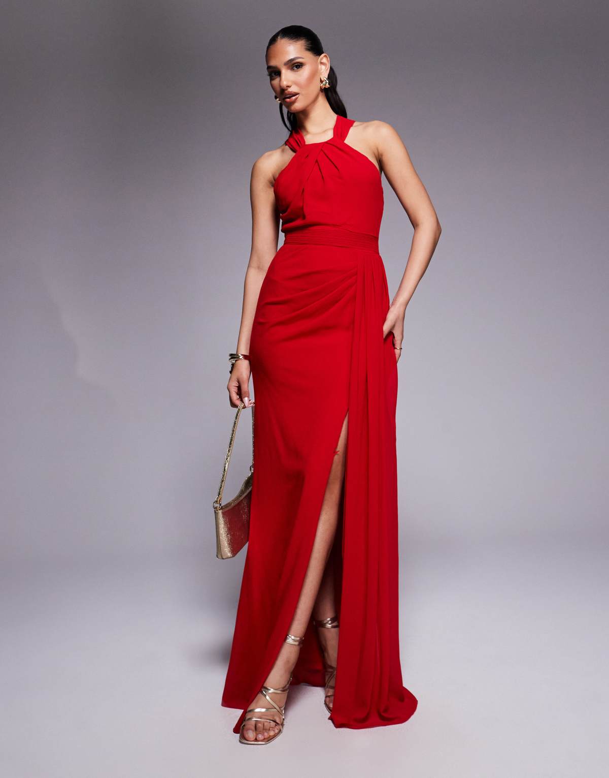 Goddiva Halterneck thigh split chiffon maxi dress in red