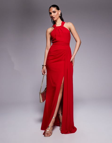 Goddiva Halterneck thigh split chiffon maxi dress in red