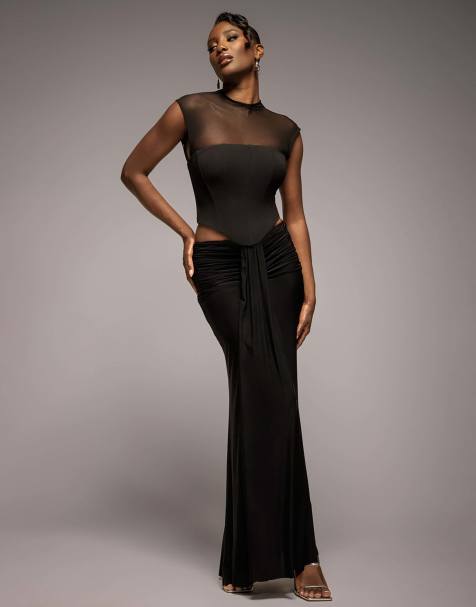 Goddiva High neck open back lace up corset top in black