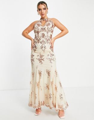 Goddiva high neck patterned sequin prom maxi dress in champagne